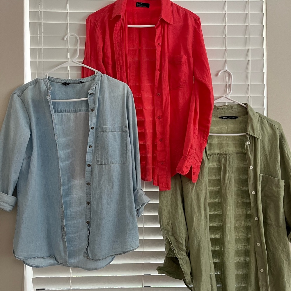 Red, Green, and Blue Button-Up Shirts, bundle of shirts, 100% linen, Zara, Gap